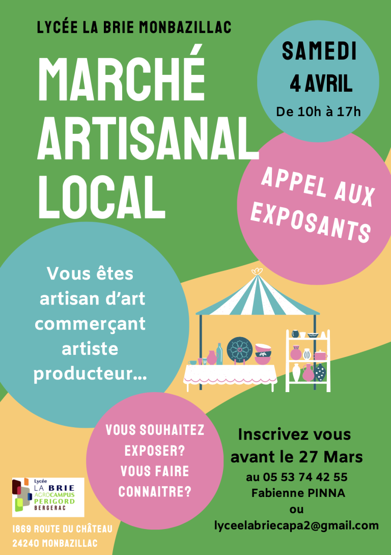 Lire la suite à propos de l’article APPEL AUX EXPOSANTS MARCHÉ ARTISANAL LOCAL DU LYCÉE LA BRIE À MONBAZILLAC