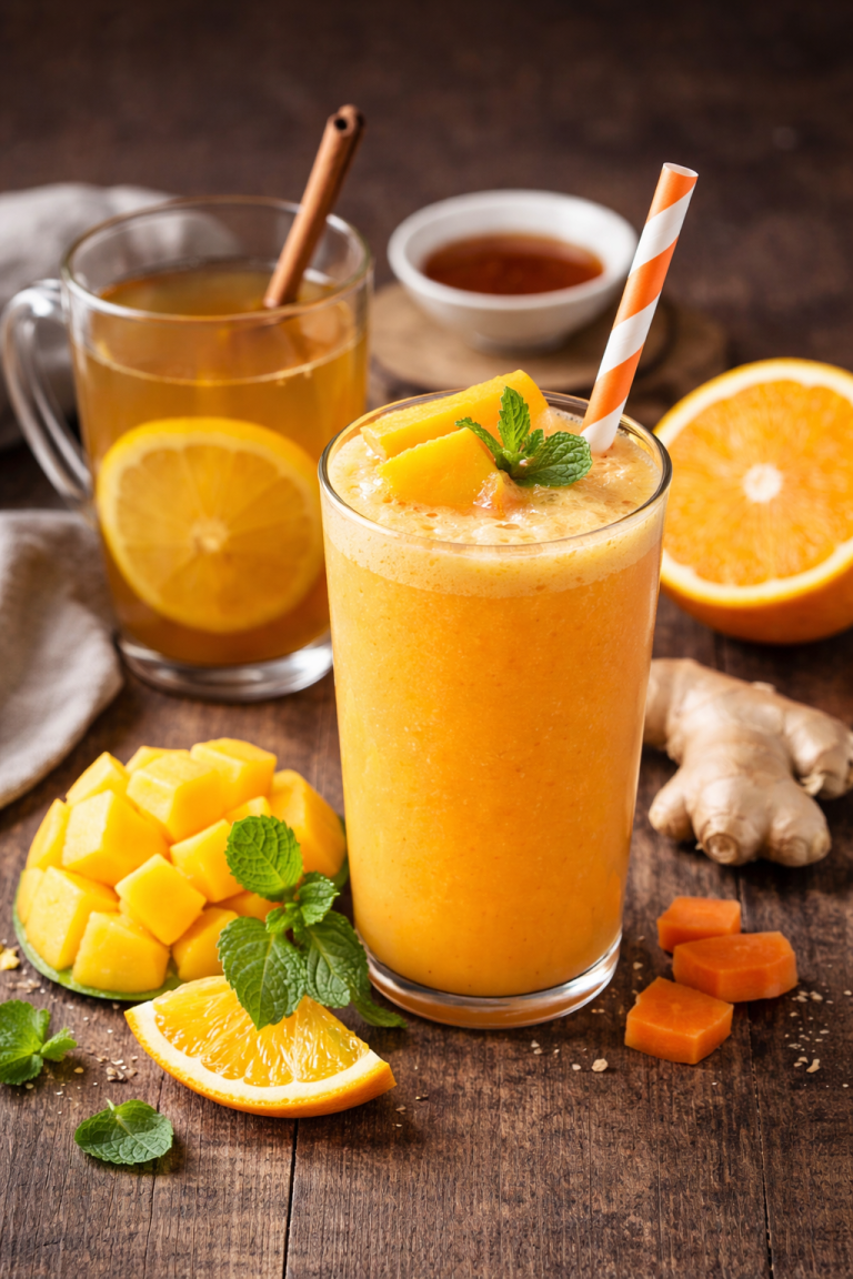 Lire la suite à propos de l’article Smoothie vitaminé, carotte, orange, mangue & gingembre