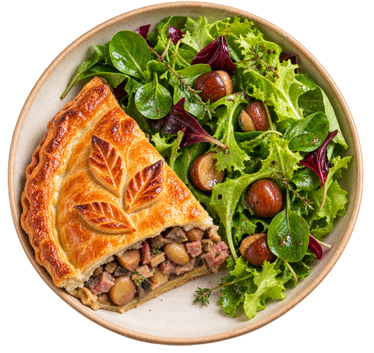 Lire la suite à propos de l’article Tourte aux châtaignes – Champignons, lard fumé & thym