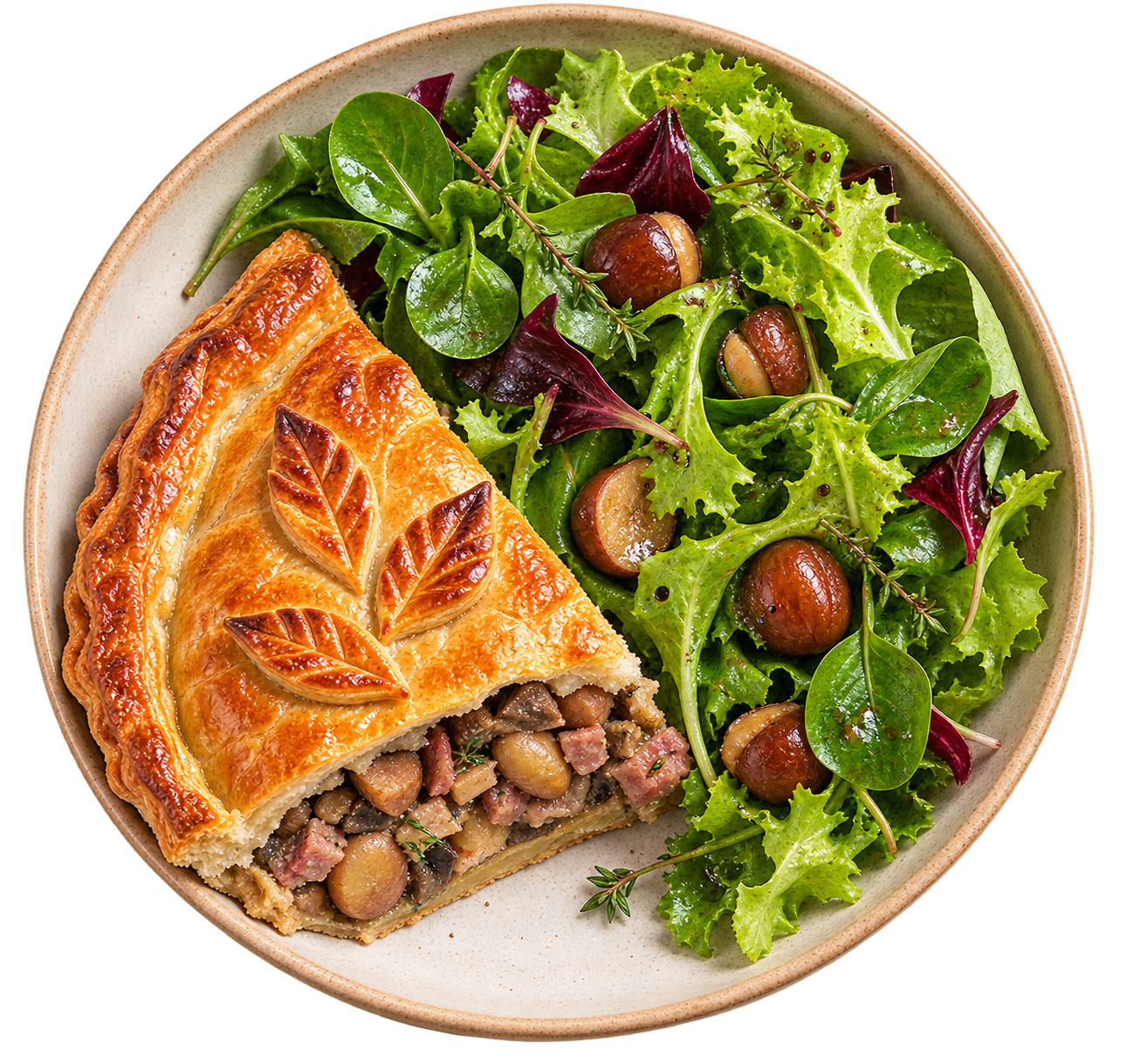 You are currently viewing Tourte aux châtaignes – Champignons, lard fumé & thym